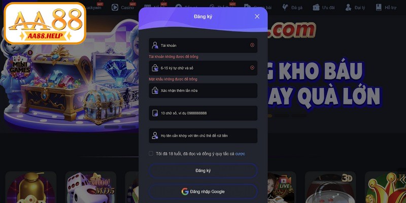 Các bước đăng ký tài khoản AA88 trên website